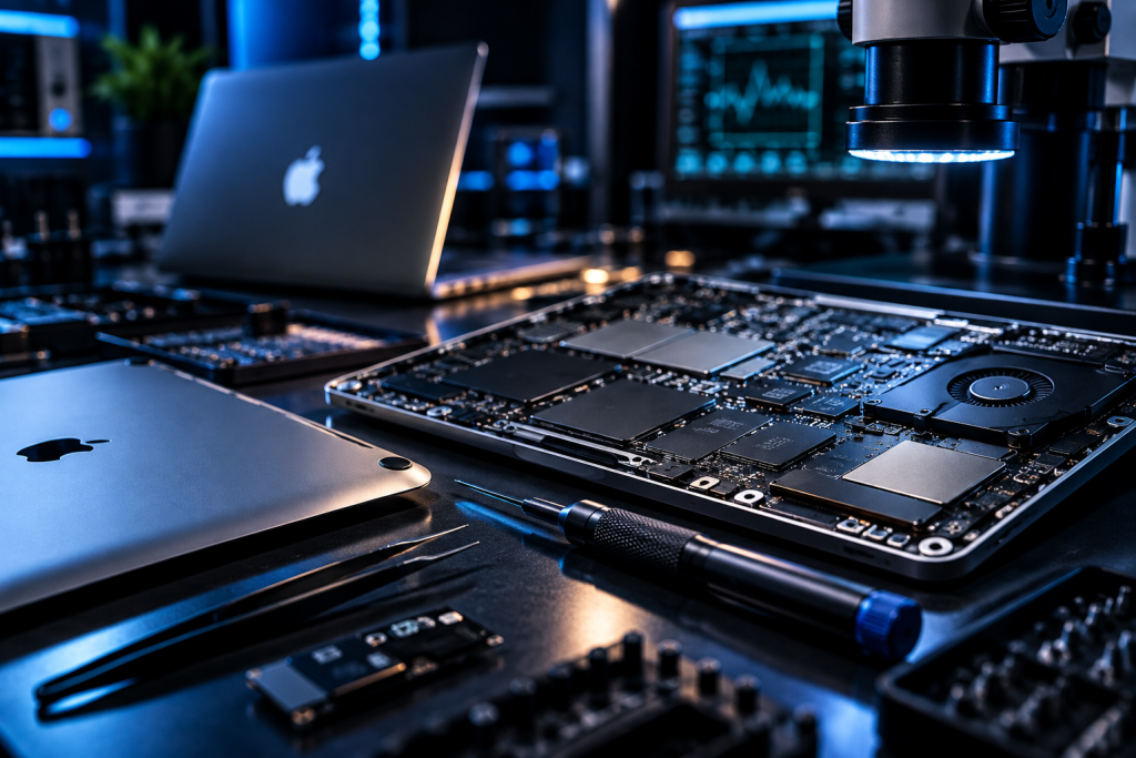 Placa lógica de MacBook em análise na RS Eletrônica